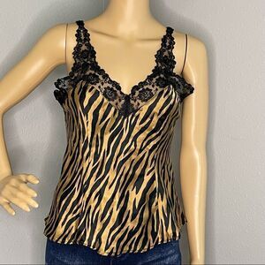 Silkscreen Tan and Black Tiger Silk Camisole Tank with Lace Detail Size Medium